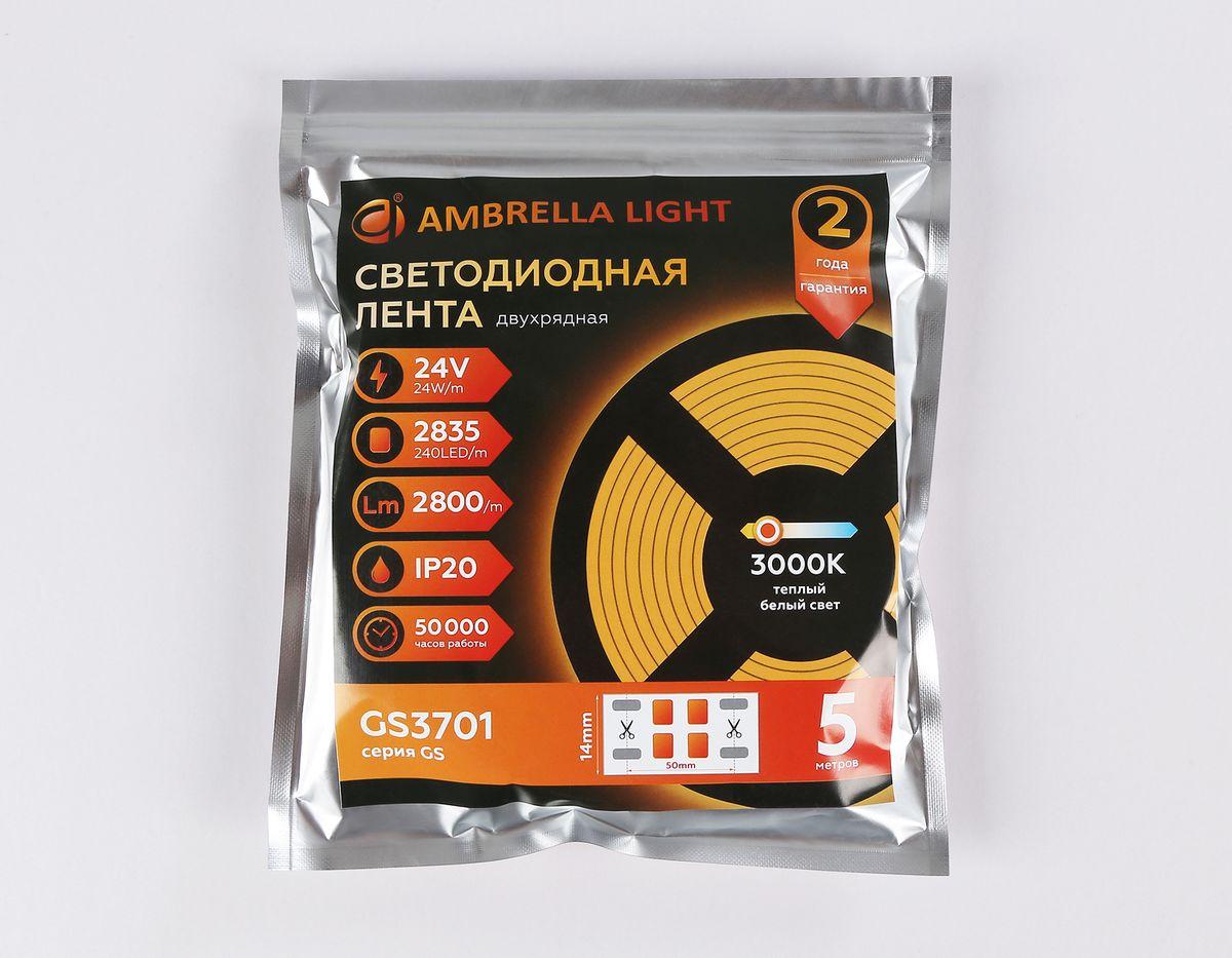фото светодиодная лента дневной белый ambrella light 24w/m 240led/m 2835smd 4500к 5m gs3702 | 220svet.ru