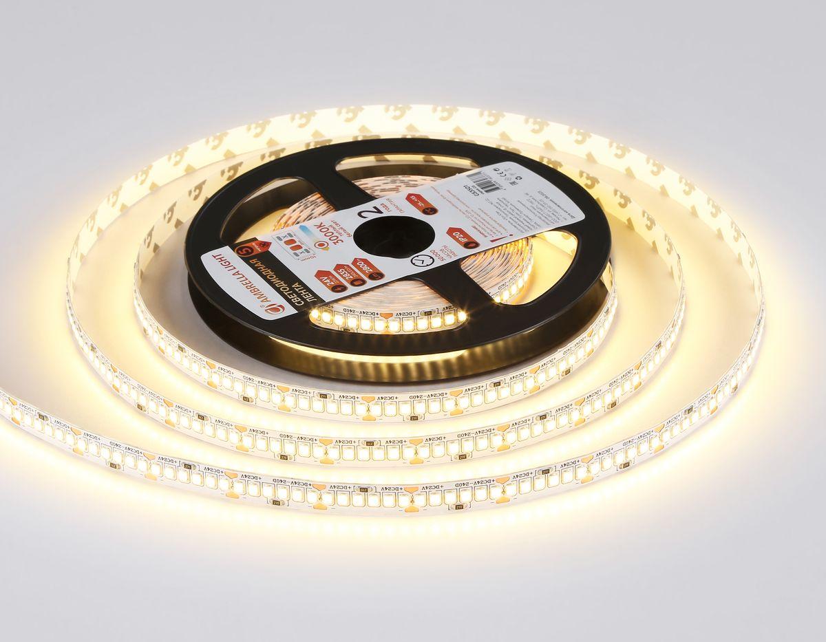 фото светодиодная лента теплый белый ambrella light 22w/m 240led/m 2835smd 3000к 5m gs3501 | 220svet.ru