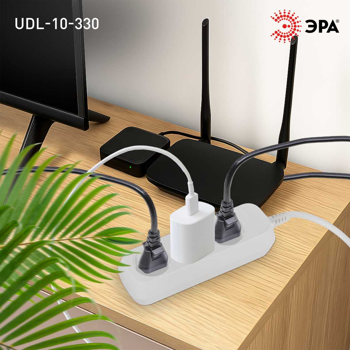 фото удлинитель электрический эра udl-10-330 greenline 3 розетки без заземления 3м пвс 2x0.75мм2 б0065072 | 220svet.ru