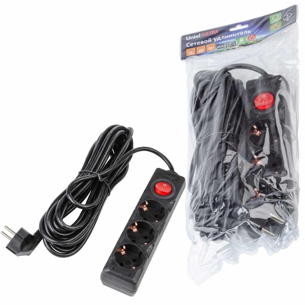 фото удлинитель uniel ultra 3гн х 7м с/з s-gcu3-7b black ul-00010020 | 220svet.ru