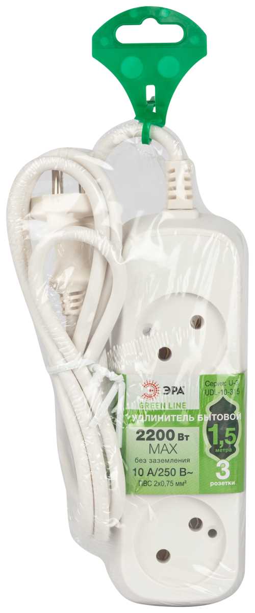 фото удлинитель электрический эра udl-10-315 greenline 3 розетки без заземления 1,5м пвс 2x0.75мм2 б0065048 | 220svet.ru